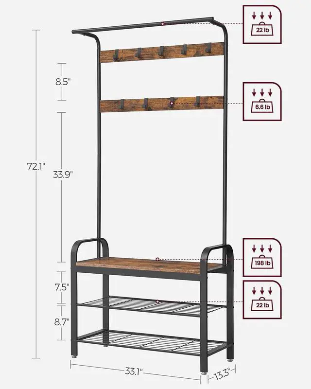 Alt view image 5 of 7 - 4-in-1 Entryway Hall Tree with Shoe Bench and Coat Rack, 9 Removable Hooks, Hanging Rod, 13.3 x 33.1 x 72.1 Inches, Rustic Brown and Black