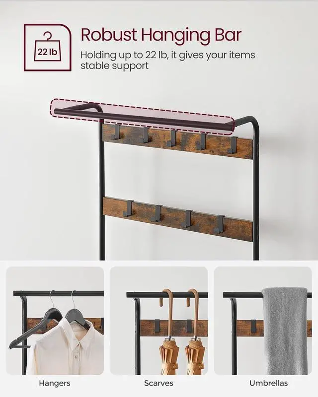Alt view image 4 of 7 - 4-in-1 Entryway Hall Tree with Shoe Bench and Coat Rack, 9 Removable Hooks, Hanging Rod, 13.3 x 33.1 x 72.1 Inches, Rustic Brown and Black