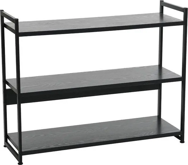 Main image of 3 Tier Wide Open Storage Bookshelf Black Oak Grain Laminate Tabletop Black Steel Frame Freestanding Display Rack for Home Decor