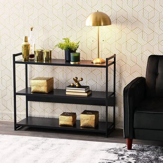 Alt view image 2 of 7 - 3 Tier Wide Open Storage Bookshelf Black Oak Grain Laminate Tabletop Black Steel Frame Freestanding Display Rack for Home Decor