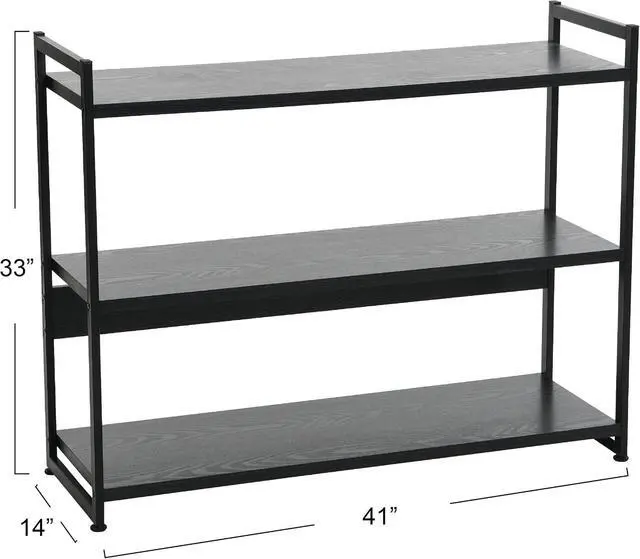 Alt view image 3 of 7 - 3 Tier Wide Open Storage Bookshelf Black Oak Grain Laminate Tabletop Black Steel Frame Freestanding Display Rack for Home Decor