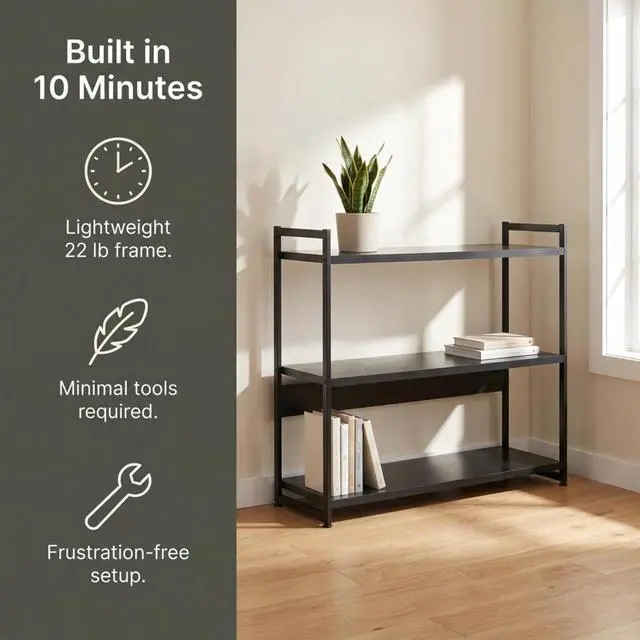 Alt view image 5 of 7 - 3 Tier Wide Open Storage Bookshelf Black Oak Grain Laminate Tabletop Black Steel Frame Freestanding Display Rack for Home Decor