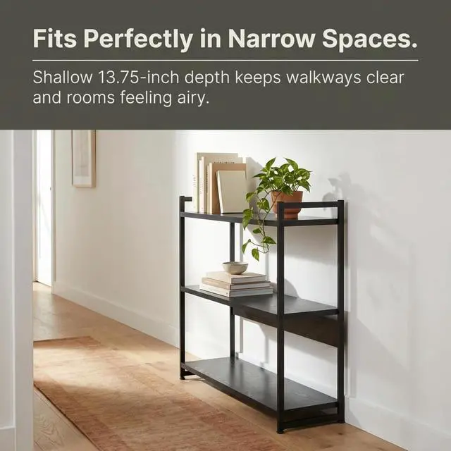 Alt view image 4 of 7 - 3 Tier Wide Open Storage Bookshelf Black Oak Grain Laminate Tabletop Black Steel Frame Freestanding Display Rack for Home Decor