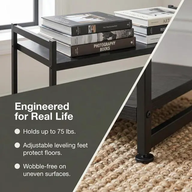 Alt view image 6 of 7 - 3 Tier Wide Open Storage Bookshelf Black Oak Grain Laminate Tabletop Black Steel Frame Freestanding Display Rack for Home Decor