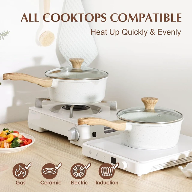 Alt view image 4 of 7 - PFOA PFAS Free Granite Ceramic Nonstick Saucepan Set with Lid, Stay Cool Handle, Induction Compatible Cooking Pots, 1.5 QT & 2.5 QT