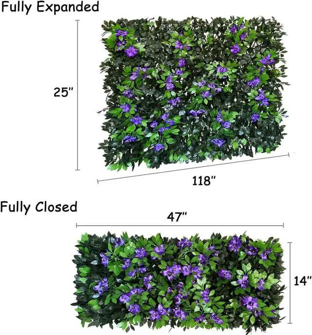 Alt view image 3 of 7 - Expandable Faux Ivy Privacy Fence Screen Single Sided Leaves with Purple Flowers Decorative Artificial Hedges for Balcony Patio Outdoor 11"x47" Closed 22"x120" Expanded