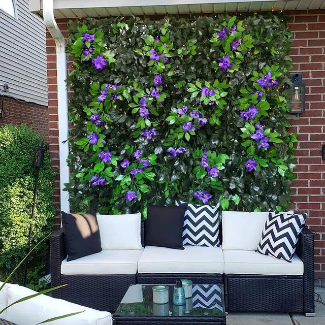 Alt view image 4 of 7 - Expandable Faux Ivy Privacy Fence Screen Single Sided Leaves with Purple Flowers Decorative Artificial Hedges for Balcony Patio Outdoor 11"x47" Closed 22"x120" Expanded