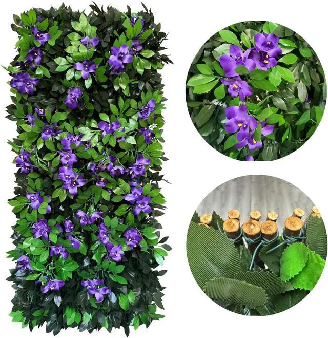 Alt view image 5 of 7 - Expandable Faux Ivy Privacy Fence Screen Single Sided Leaves with Purple Flowers Decorative Artificial Hedges for Balcony Patio Outdoor 11"x47" Closed 22"x120" Expanded
