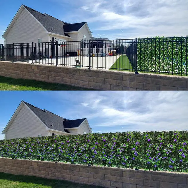 Alt view image 7 of 7 - Expandable Faux Ivy Privacy Fence Screen Single Sided Leaves with Purple Flowers Decorative Artificial Hedges for Balcony Patio Outdoor 11"x47" Closed 22"x120" Expanded