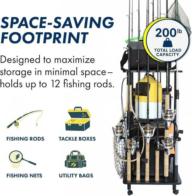 Alt view image 3 of 7 - Mobile Fishing Rod Holder Garage Organizer, Holds Up to 12 Rods & Reel Combos, Gear Storage Rack for Garage, Shed & Car