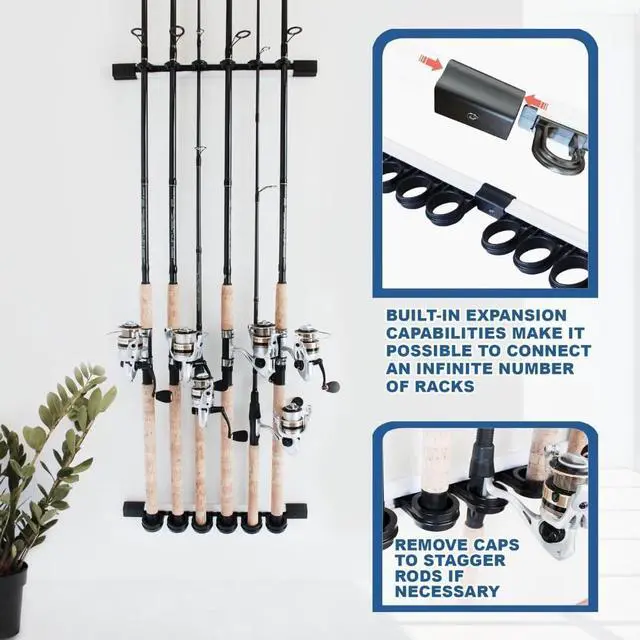 Alt view image 3 of 7 - 6-Rod Fishing Rod Holder, Vertical & Horizontal Wall Mount Rack for Garage Organization & Storage, Adjustable Expandable Fishing Pole Stand