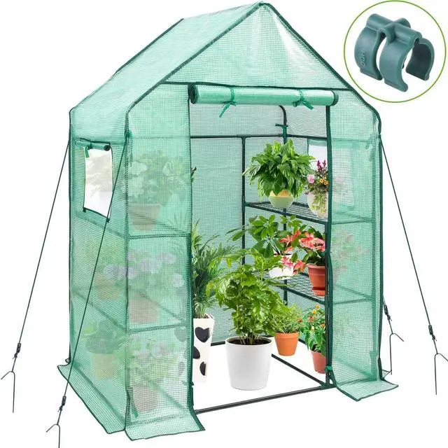 Main image of 4.8x2.5x6.4 FT Portable Walk-in Greenhouse with Mesh Windows, 3 Tiers 4 Shelves PE Cover Outdoor Warm House for Seedling Flower Vegetable Growing
