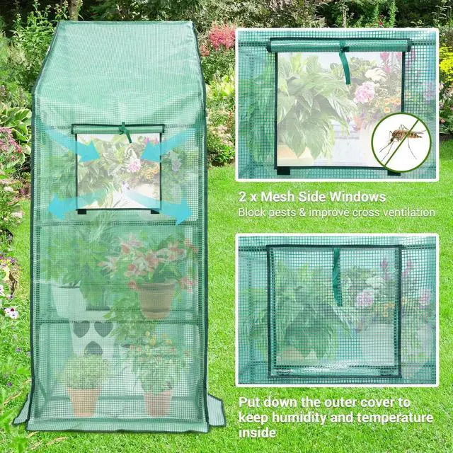 Alt view image 2 of 7 - 4.8x2.5x6.4 FT Portable Walk-in Greenhouse with Mesh Windows, 3 Tiers 4 Shelves PE Cover Outdoor Warm House for Seedling Flower Vegetable Growing
