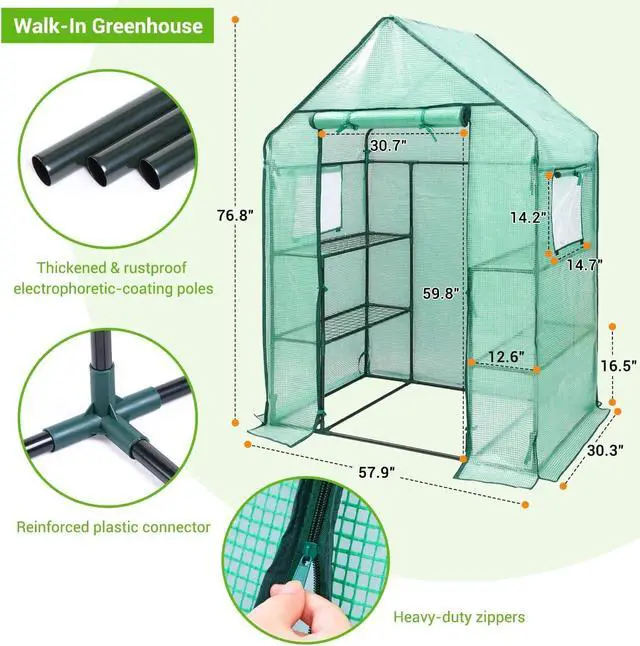 Alt view image 6 of 7 - 4.8x2.5x6.4 FT Portable Walk-in Greenhouse with Mesh Windows, 3 Tiers 4 Shelves PE Cover Outdoor Warm House for Seedling Flower Vegetable Growing