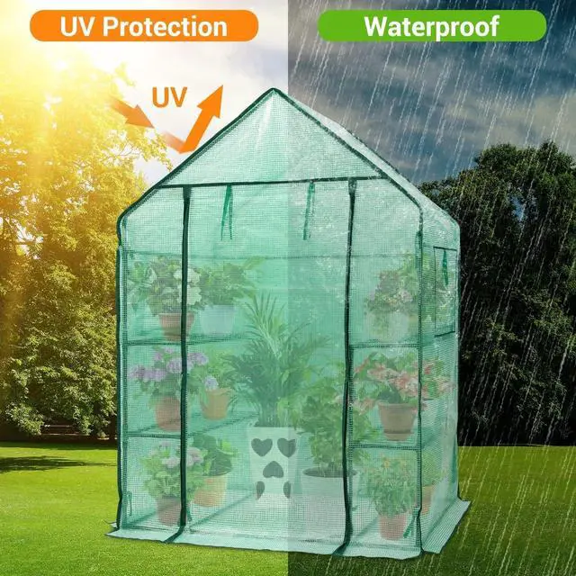 Alt view image 3 of 7 - 4.8x2.5x6.4 FT Portable Walk-in Greenhouse with Mesh Windows, 3 Tiers 4 Shelves PE Cover Outdoor Warm House for Seedling Flower Vegetable Growing