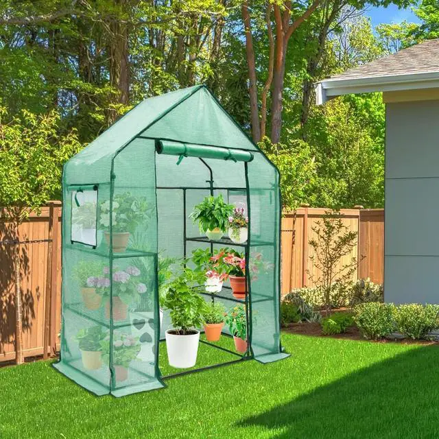 Alt view image 7 of 7 - 4.8x2.5x6.4 FT Portable Walk-in Greenhouse with Mesh Windows, 3 Tiers 4 Shelves PE Cover Outdoor Warm House for Seedling Flower Vegetable Growing