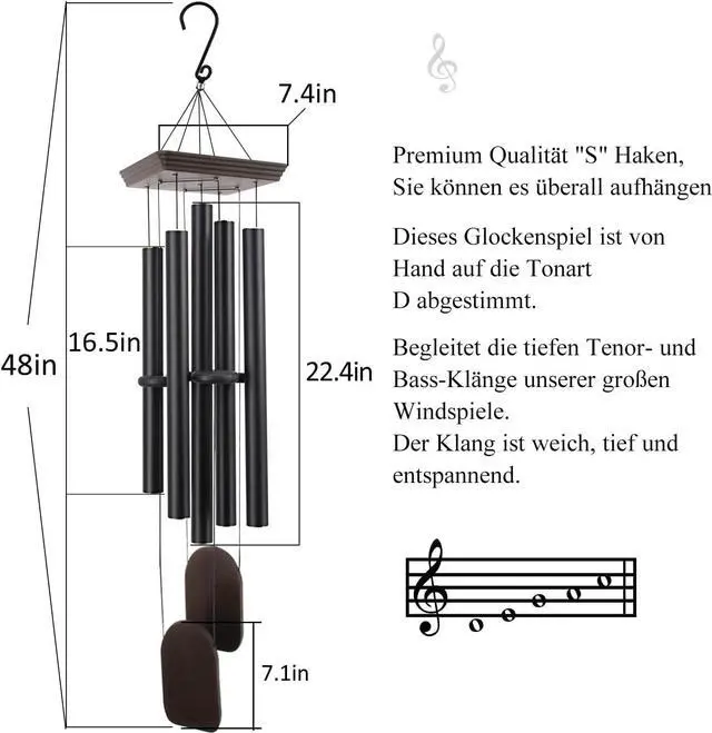 Alt view image 2 of 7 - 48 Inch Outdoor Wind Chimes, 5 Heavy Aluminum Tubes Deep Soothing Tone, Black Hanging Decor for Patio Garden Yard