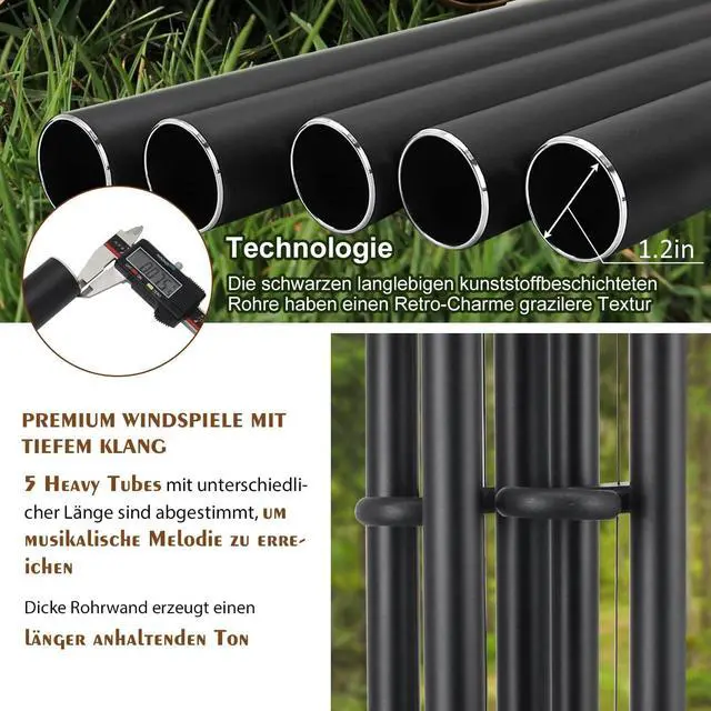 Alt view image 4 of 7 - 48 Inch Outdoor Wind Chimes, 5 Heavy Aluminum Tubes Deep Soothing Tone, Black Hanging Decor for Patio Garden Yard