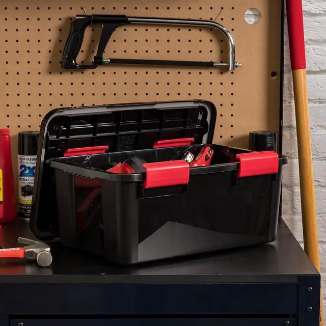 Alt view image 3 of 7 - 19 Qt Stackable Storage Bins with Lids 6 Pack, BPA-Free Plastic Gasket Boxes with Tight Latch Seal, Nestable Tote Tubs - Black/Red