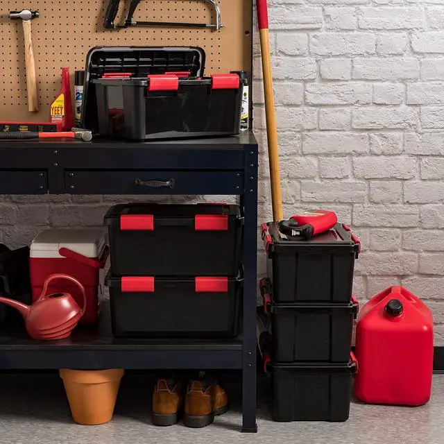 Alt view image 4 of 7 - 19 Qt Stackable Storage Bins with Lids 6 Pack, BPA-Free Plastic Gasket Boxes with Tight Latch Seal, Nestable Tote Tubs - Black/Red