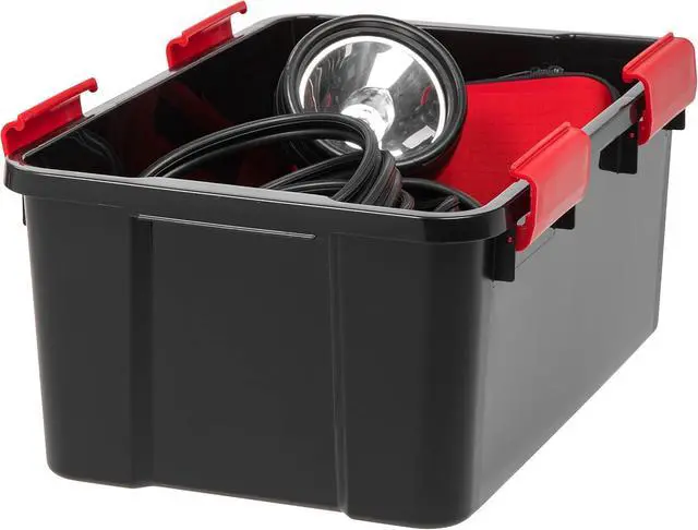 Alt view image 7 of 7 - 19 Qt Stackable Storage Bins with Lids 6 Pack, BPA-Free Plastic Gasket Boxes with Tight Latch Seal, Nestable Tote Tubs - Black/Red