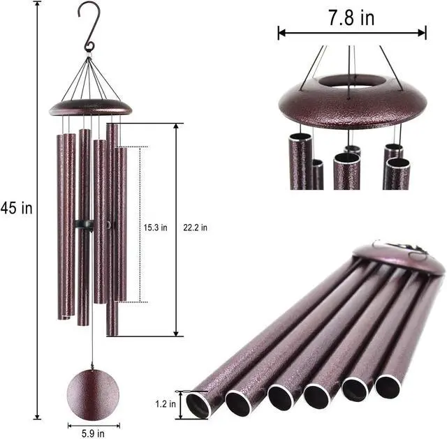 Alt view image 2 of 7 - 45 Inch Outdoor Memorial Wind Chimes, 6 Heavy Aluminum Tubes, Large Deep Tone, Bronze Hanging Garden Decor