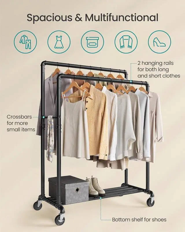 Alt view image 4 of 6 - Heavy Duty Metal Clothing Rack, 2 39.4" Hanging Rails, with Lockable Casters and Storage Shelf, 198 LB Load Capacity, Black