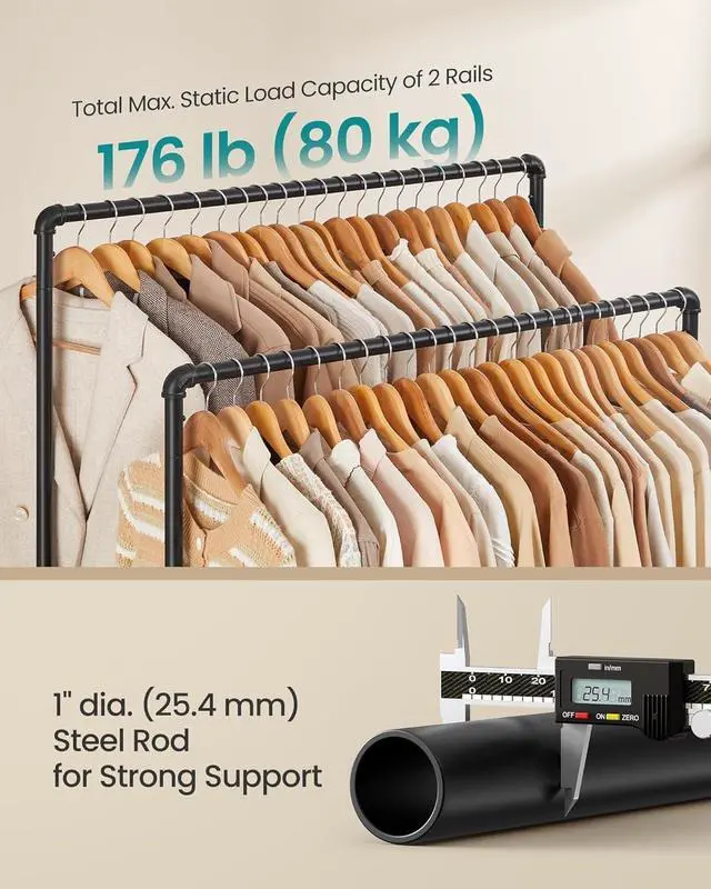 Alt view image 3 of 6 - Heavy Duty Metal Clothing Rack, 2 39.4" Hanging Rails, with Lockable Casters and Storage Shelf, 198 LB Load Capacity, Black