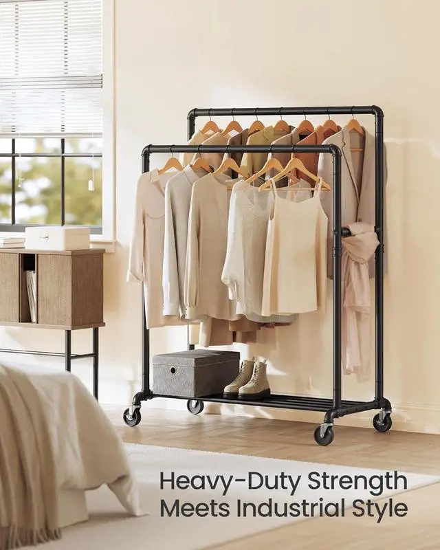 Alt view image 2 of 6 - Heavy Duty Metal Clothing Rack, 2 39.4" Hanging Rails, with Lockable Casters and Storage Shelf, 198 LB Load Capacity, Black