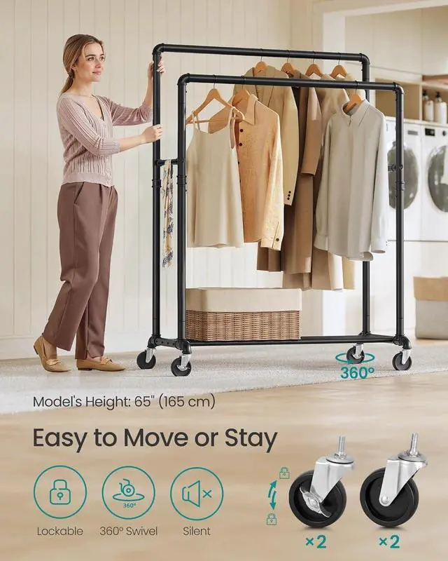 Alt view image 5 of 6 - Heavy Duty Metal Clothing Rack, 2 39.4" Hanging Rails, with Lockable Casters and Storage Shelf, 198 LB Load Capacity, Black