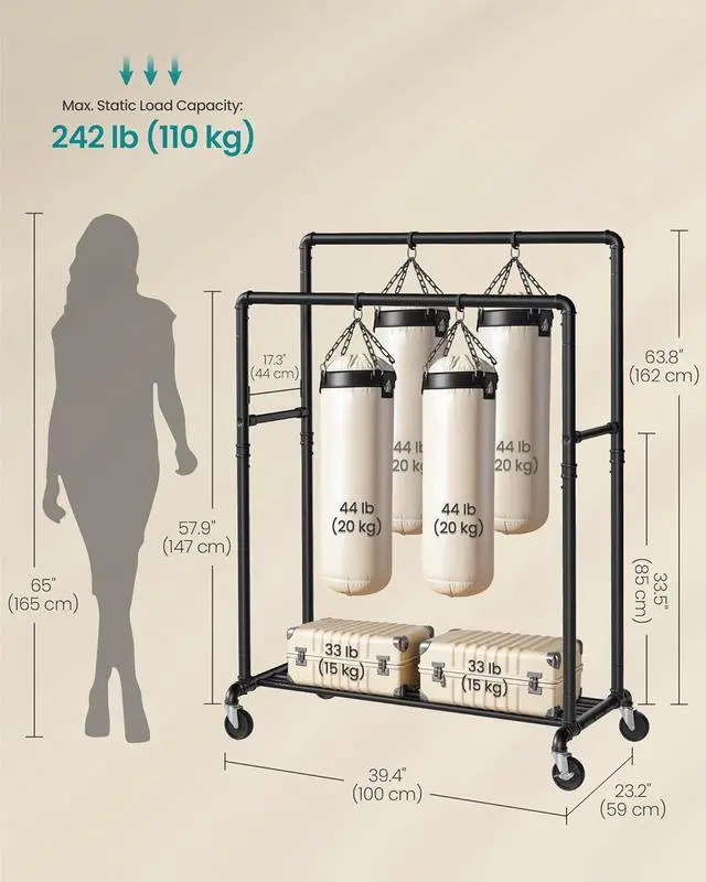 Alt view image 6 of 6 - Heavy Duty Metal Clothing Rack, 2 39.4" Hanging Rails, with Lockable Casters and Storage Shelf, 198 LB Load Capacity, Black