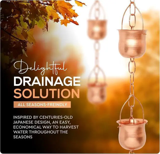 Alt view image 2 of 7 - 8.5 Long Copper Rain Chain, Decorative Cups & Chimes, Gutter Downspout Replacement, Water Diverter for Home, Pot Style, Universal Fit