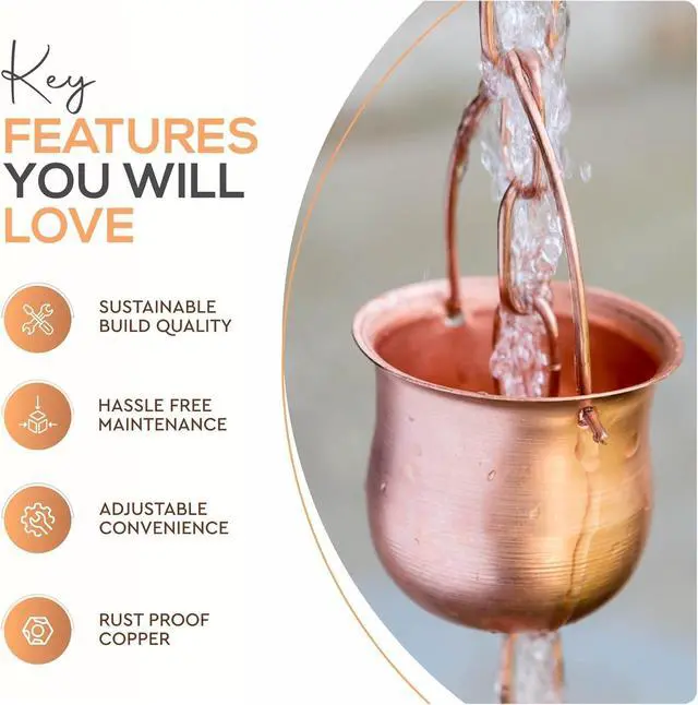 Alt view image 3 of 7 - 8.5 Long Copper Rain Chain, Decorative Cups & Chimes, Gutter Downspout Replacement, Water Diverter for Home, Pot Style, Universal Fit