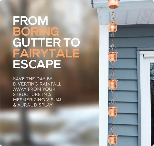 Alt view image 4 of 7 - 8.5 Long Copper Rain Chain, Decorative Cups & Chimes, Gutter Downspout Replacement, Water Diverter for Home, Pot Style, Universal Fit
