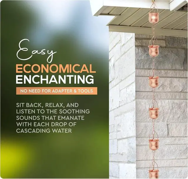 Alt view image 6 of 7 - 8.5 Long Copper Rain Chain, Decorative Cups & Chimes, Gutter Downspout Replacement, Water Diverter for Home, Pot Style, Universal Fit