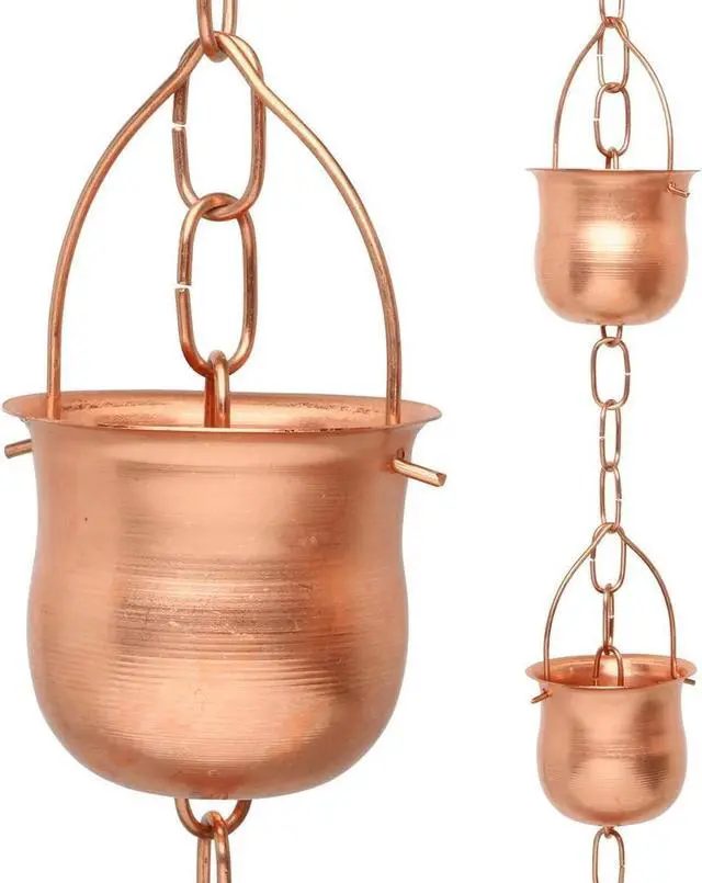 Main image of 8.5 Long Copper Rain Chain, Decorative Cups & Chimes, Gutter Downspout Replacement, Water Diverter for Home, Pot Style, Universal Fit