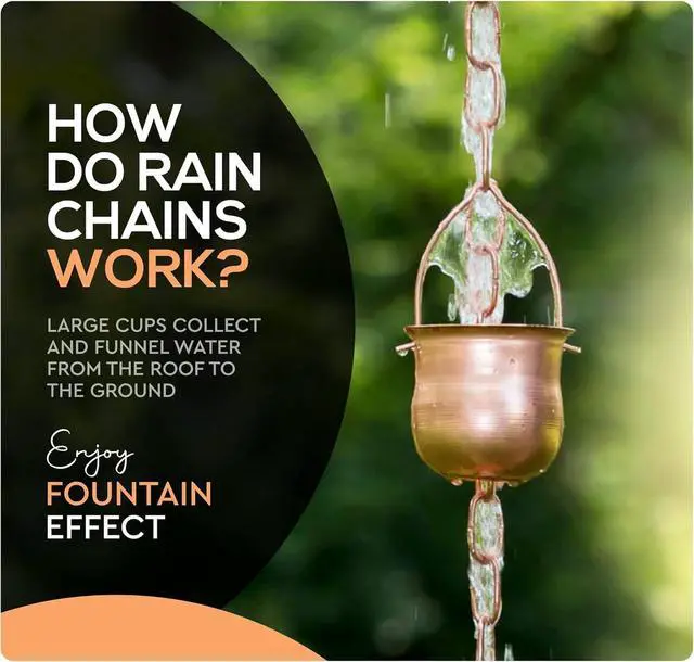 Alt view image 7 of 7 - 8.5 Long Copper Rain Chain, Decorative Cups & Chimes, Gutter Downspout Replacement, Water Diverter for Home, Pot Style, Universal Fit