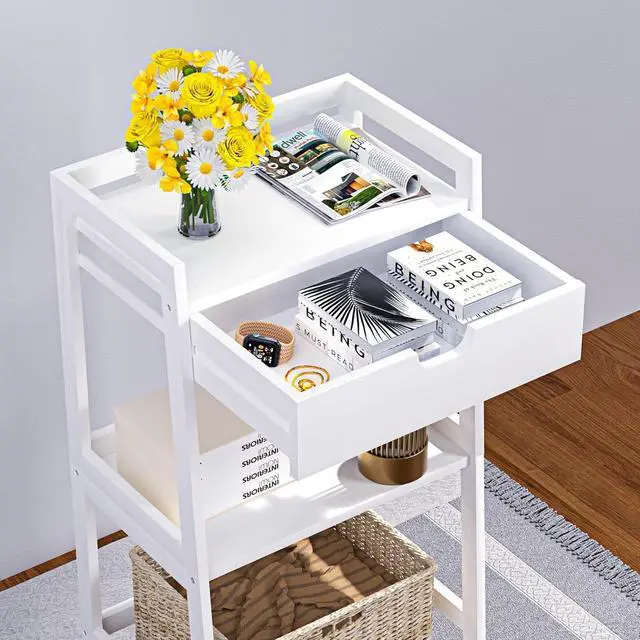 Alt view image 4 of 7 - 3 Tier Natural Bamboo Ladder Storage Shelf with Pull Out Drawer, Space Saving Freestanding Display Rack 11.8"D x 16.5"W x 31"H for Bathroom Bedroom Kitchen Office