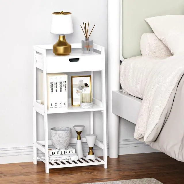 Alt view image 5 of 7 - 3 Tier Natural Bamboo Ladder Storage Shelf with Pull Out Drawer, Space Saving Freestanding Display Rack 11.8"D x 16.5"W x 31"H for Bathroom Bedroom Kitchen Office