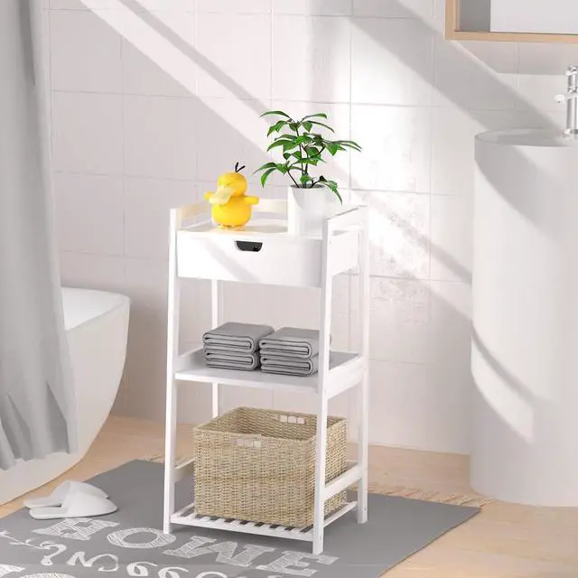 Alt view image 6 of 7 - 3 Tier Natural Bamboo Ladder Storage Shelf with Pull Out Drawer, Space Saving Freestanding Display Rack 11.8"D x 16.5"W x 31"H for Bathroom Bedroom Kitchen Office