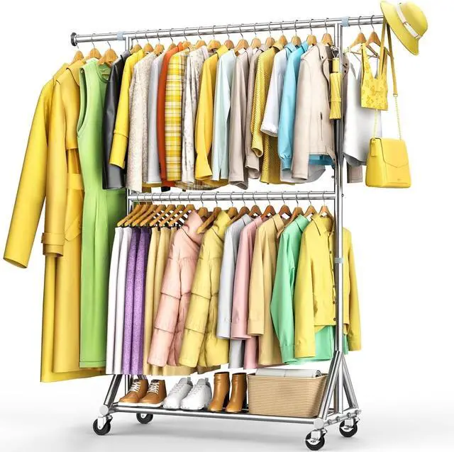 Main image of 100% Stainless Steel Heavy Duty Rolling Garment Rack, 860LBS Load Capacity, Adjustable Double Rods with Wheels and Storage Shelf, Portable Closet Rack