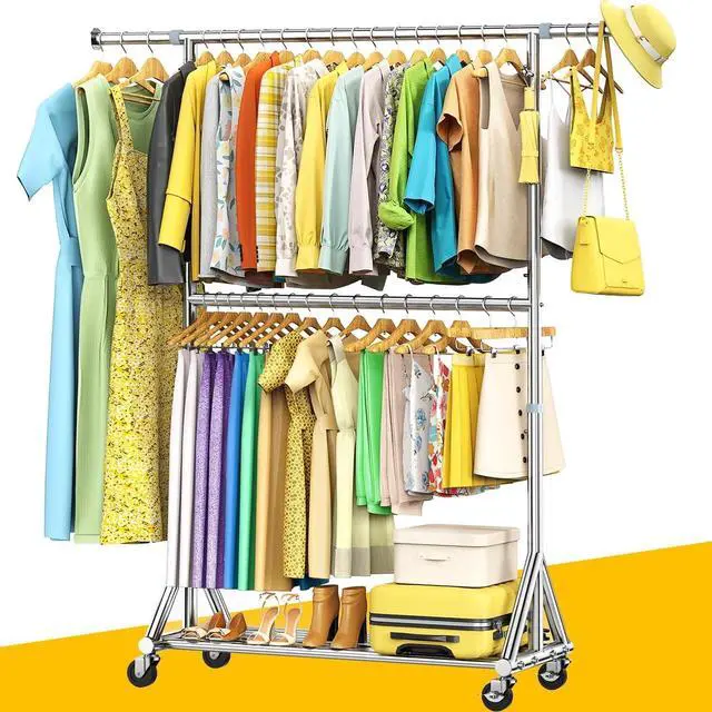 Alt view image 2 of 7 - 100% Stainless Steel Heavy Duty Rolling Garment Rack, 860LBS Load Capacity, Adjustable Double Rods with Wheels and Storage Shelf, Portable Closet Rack
