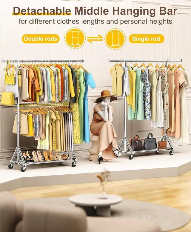 Alt view image 4 of 7 - 100% Stainless Steel Heavy Duty Rolling Garment Rack, 860LBS Load Capacity, Adjustable Double Rods with Wheels and Storage Shelf, Portable Closet Rack