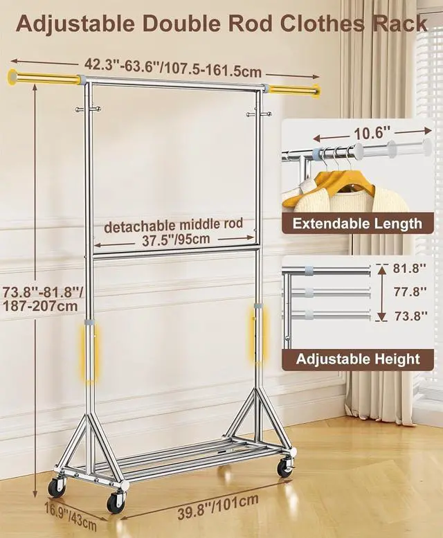 Alt view image 3 of 7 - 100% Stainless Steel Heavy Duty Rolling Garment Rack, 860LBS Load Capacity, Adjustable Double Rods with Wheels and Storage Shelf, Portable Closet Rack