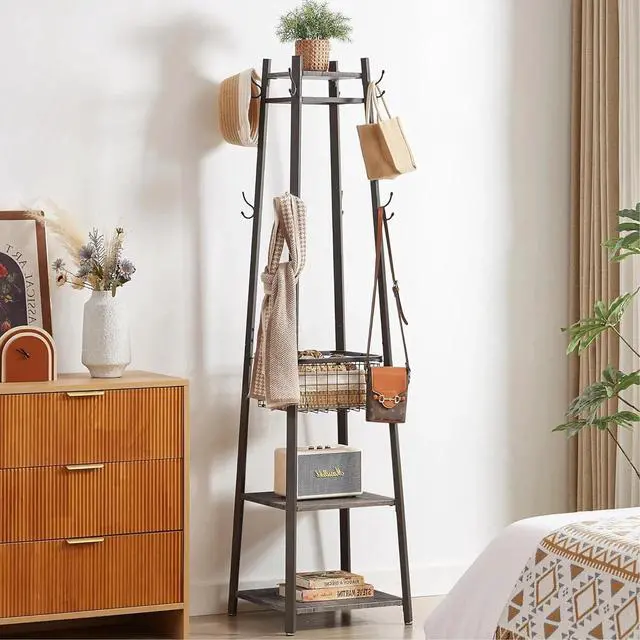 Main image of Freestanding Coat Rack with 8 Hooks, Metal Basket and Storage Shelves, Industrial 18 x 18 x 72 Inches, Antique Brown