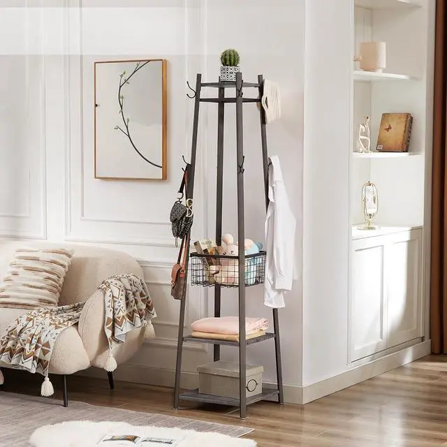 Alt view image 2 of 7 - Freestanding Coat Rack with 8 Hooks, Metal Basket and Storage Shelves, Industrial 18 x 18 x 72 Inches, Antique Brown