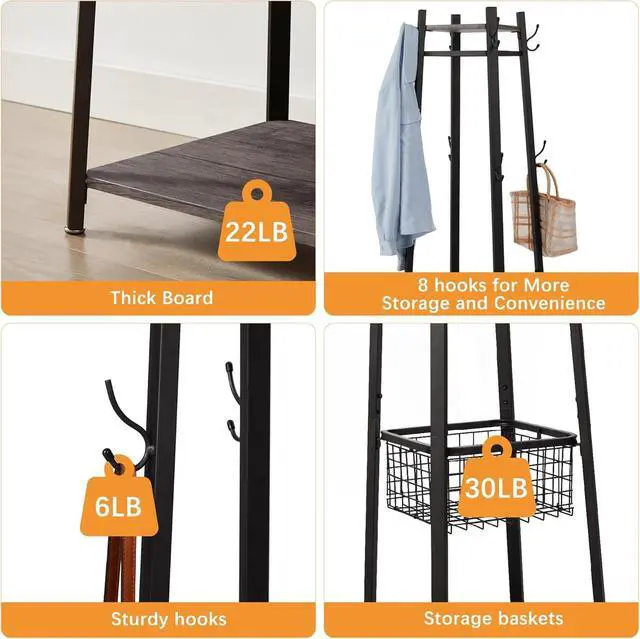Alt view image 3 of 7 - Freestanding Coat Rack with 8 Hooks, Metal Basket and Storage Shelves, Industrial 18 x 18 x 72 Inches, Antique Brown