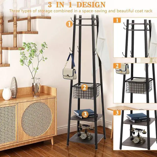 Alt view image 4 of 7 - Freestanding Coat Rack with 8 Hooks, Metal Basket and Storage Shelves, Industrial 18 x 18 x 72 Inches, Antique Brown