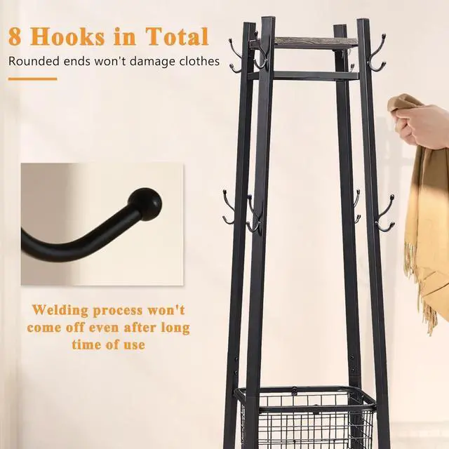 Alt view image 5 of 7 - Freestanding Coat Rack with 8 Hooks, Metal Basket and Storage Shelves, Industrial 18 x 18 x 72 Inches, Antique Brown