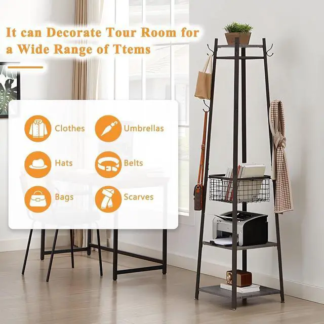 Alt view image 6 of 7 - Freestanding Coat Rack with 8 Hooks, Metal Basket and Storage Shelves, Industrial 18 x 18 x 72 Inches, Antique Brown